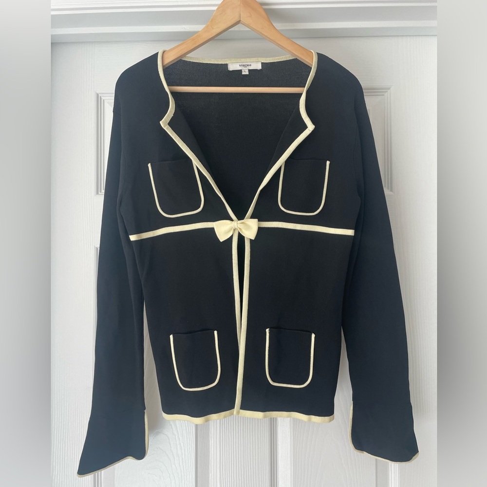 Vertigo Paris Black Cardigan Buttercream Contrast Trim Bow Front Closure Size L